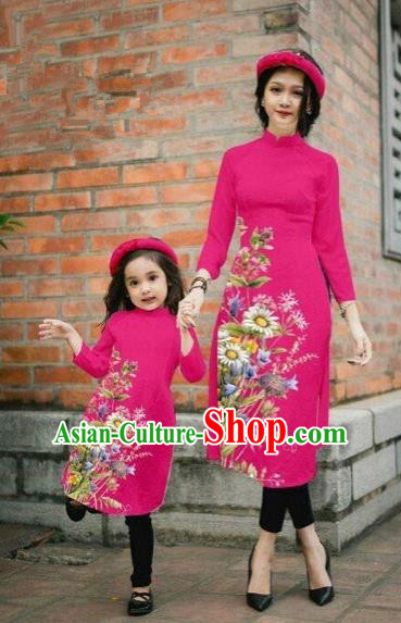 Traditional Top Grade Asian Vietnamese Costumes Classical Printing Daisy Flowers Rosy Cheongsam, Vietnam National Mother-daughter Ao Dai Dress for Women for Kids