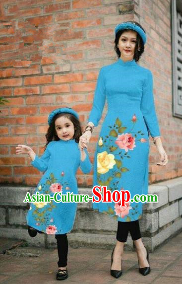 Traditional Top Grade Asian Vietnamese Costumes Classical Printing China Rose Flowers Blue Cheongsam, Vietnam National Mother-daughter Ao Dai Dress for Women for Kids