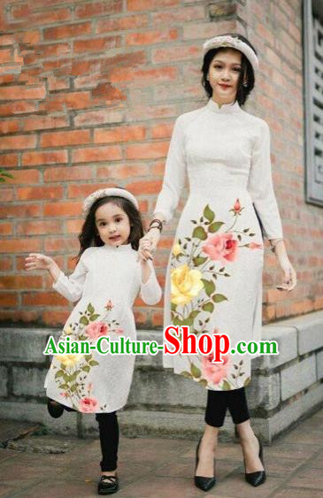 Traditional Top Grade Asian Vietnamese Costumes Classical Printing China Rose Flowers White Cheongsam, Vietnam National Mother-daughter Ao Dai Dress for Women for Kids