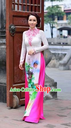 Traditional Top Grade Asian Vietnamese Costumes Classical Printing White Cheongsam, Vietnam National Bride Ao Dai Dress for Women