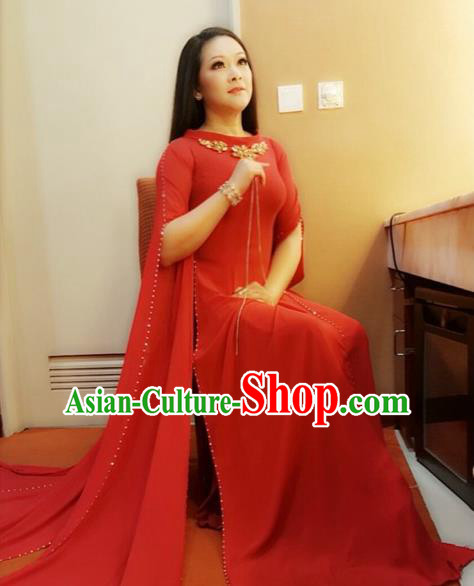 Traditional Top Grade Asian Vietnamese Costumes Classical Red Cheongsam, Vietnam National Bride Ao Dai Dress for Women