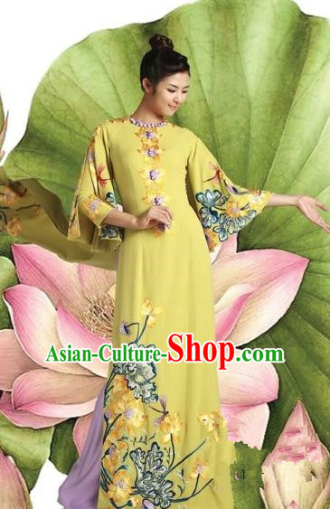 Traditional Top Grade Asian Vietnamese Costumes Classical Princess Printing Cheongsam, Vietnam National Bride Ao Dai Dress for Women