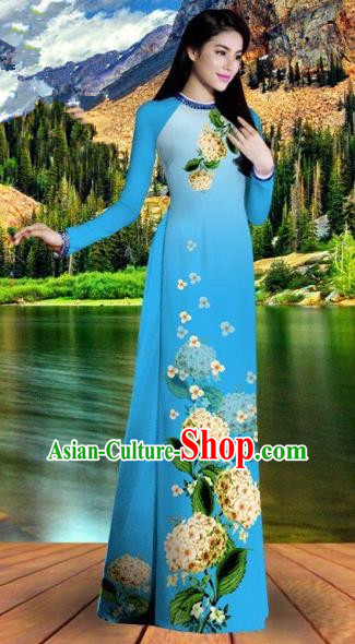 Traditional Top Grade Asian Vietnamese Costumes Classical Printing Blue Cheongsam, Vietnam National Vietnamese Bride Ao Dai Dress for Women