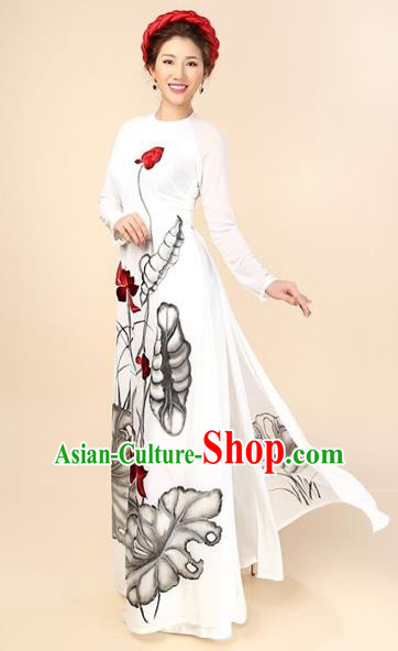 Traditional Top Grade Asian Vietnamese Costumes Classical Hand Painting Cheongsam, Vietnam National Vietnamese Bride Ao Dai Dress for Women