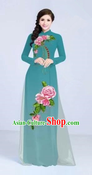 Traditional Top Grade Asian Vietnamese Costumes Classical Printing Flowers Cheongsam Dance Clothing, Vietnam National Vietnamese Bride Lake Blue Ao Dai Dress for Women