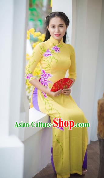 Traditional Top Grade Asian Vietnamese Costumes Classical Hand Painting Flowers Cheongsam Dance Clothing, Vietnam National Vietnamese Bride Ao Dai Dress for Women