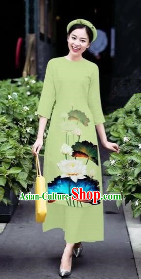 Traditional Top Grade Asian Vietnamese Costumes Classical 3D Printing Flowers Cheongsam Dance Clothing, Vietnam National Vietnamese Green Ao Dai Dress for Women