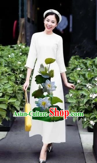 Traditional Top Grade Asian Vietnamese Costumes Classical 3D Printing Lotus Flowers Cheongsam Dance Clothing, Vietnam National Vietnamese White Ao Dai Dress for Women