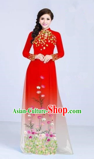 Traditional Top Grade Asian Vietnamese Costumes Classical Painting Flowers Cheongsam, Vietnam National Vietnamese Young Lady Red Ao Dai Dress