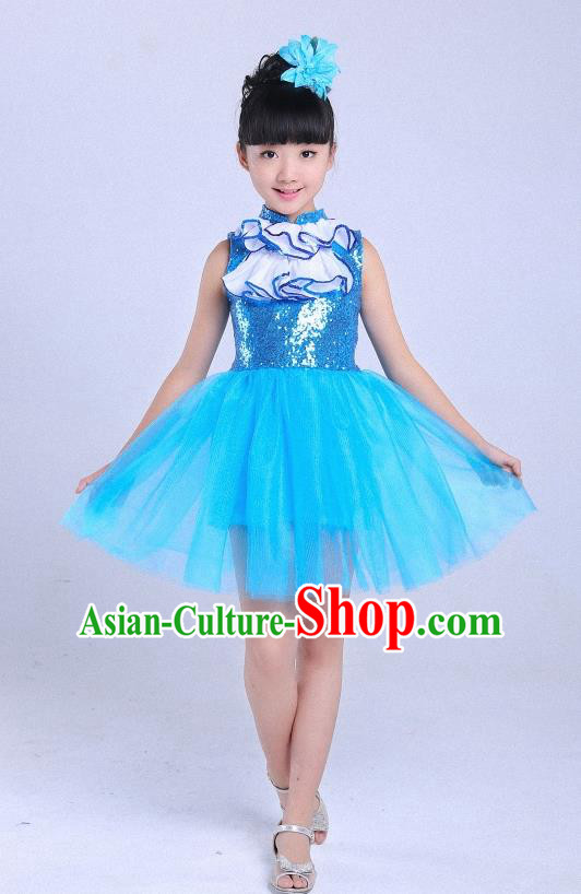Top Grade Professional Performance Catwalks Costume, Children Chorus Full Dress Modern Dance Little Princess Blue Bubble Dress for Girls Kids