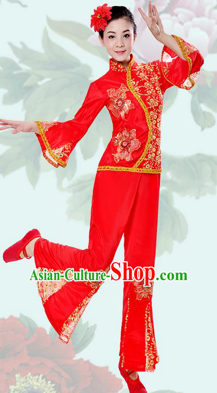 Traditional Chinese Classical Dance Yangge Fan Dancing Costume, Folk Dance Drum Dance Uniforms Yangko Red Clothing Set for Women