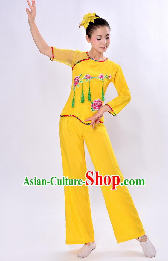 Traditional Chinese Classical Dance Yangge Fan Dancing Costume, Folk Dance Drum Dance Uniforms Yangko Yellow Clothing Set for Women