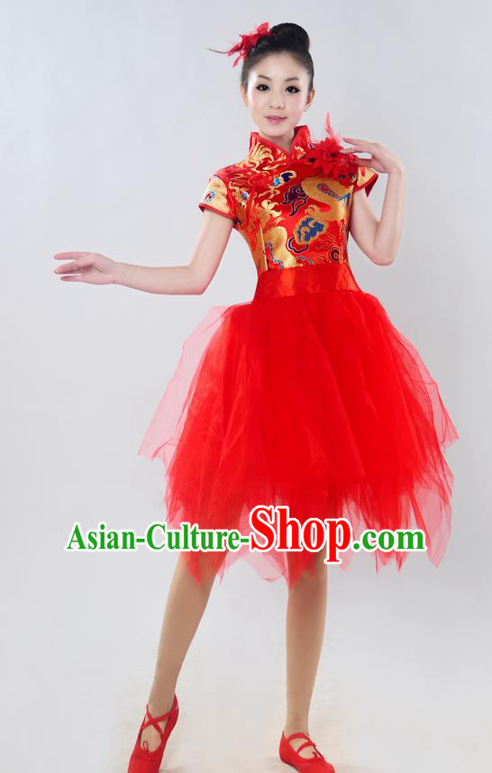 Traditional Chinese Classical Dance Yangge Fan Dance Costume, Folk Dance Drum Dance Uniform Yangko Red Bubble Dress for Women