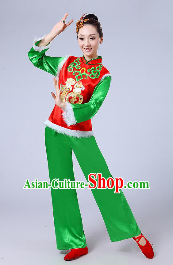 Traditional Chinese Classical Dance Yangge Fan Dancing Costume, Folk Dance Drum Dance Fur Uniforms Yangko Red Blouse and Green Pants for Women