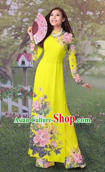 Traditional Top Grade Asian Vietnamese Costumes Classical Painting Cheongsam, Vietnam National Vietnamese Young Lady Ao Dai Dress and Loose Pants