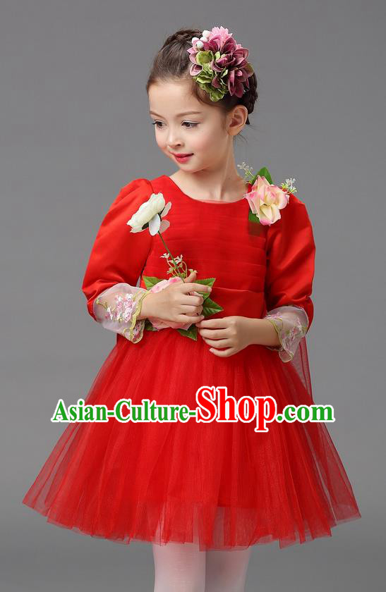 Top Grade Professional Performance Catwalks Costume, Children Chorus Compere Full Dress Modern Dance Little Princess Red Veil Bubble Dress for Girls Kids