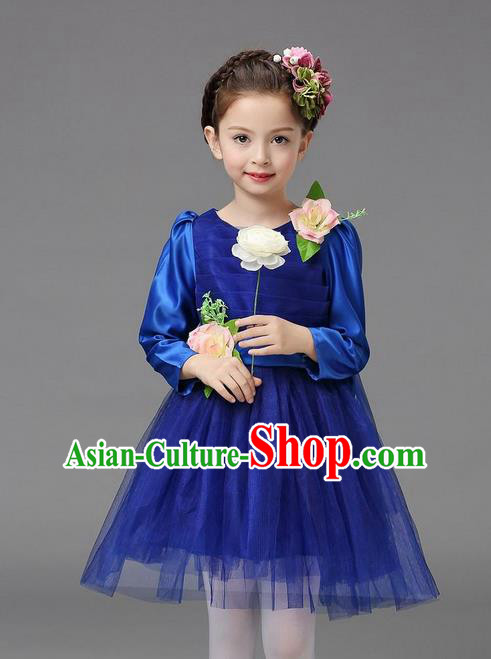 Top Grade Professional Performance Catwalks Costume, Children Chorus Compere Full Dress Modern Dance Little Princess Blue Veil Bubble Dress for Girls Kids