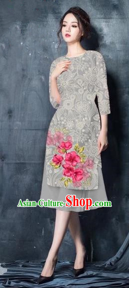 Traditional Top Grade Asian Vietnamese Costumes Classical Painting Short Grey Cheongsam, Vietnam National Vietnamese Young Lady Bride Wedding Ao Dai Dress