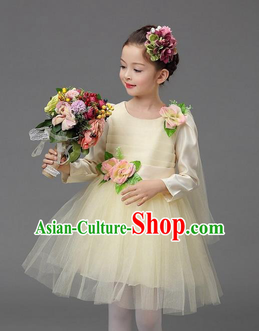 Top Grade Professional Performance Catwalks Costume, Children Chorus Compere Full Dress Modern Dance Little Princess Beige Veil Bubble Dress for Girls Kids