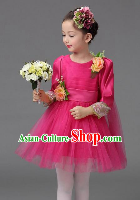 Top Grade Professional Performance Catwalks Costume, Children Chorus Compere Full Dress Modern Dance Little Princess Rose Veil Bubble Dress for Girls Kids