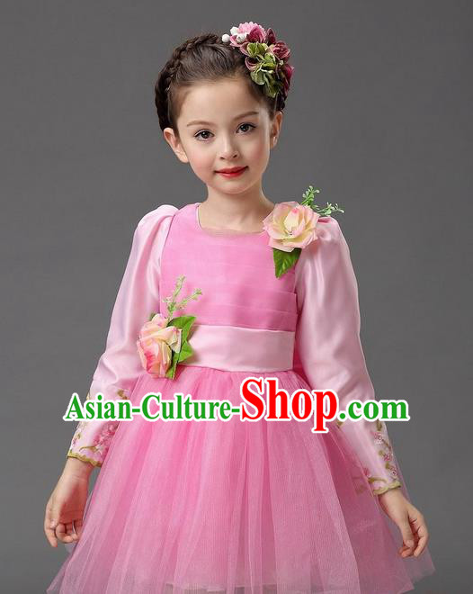 Top Grade Professional Performance Catwalks Costume, Children Chorus Compere Full Dress Modern Dance Little Princess Pink Veil Bubble Dress for Girls Kids