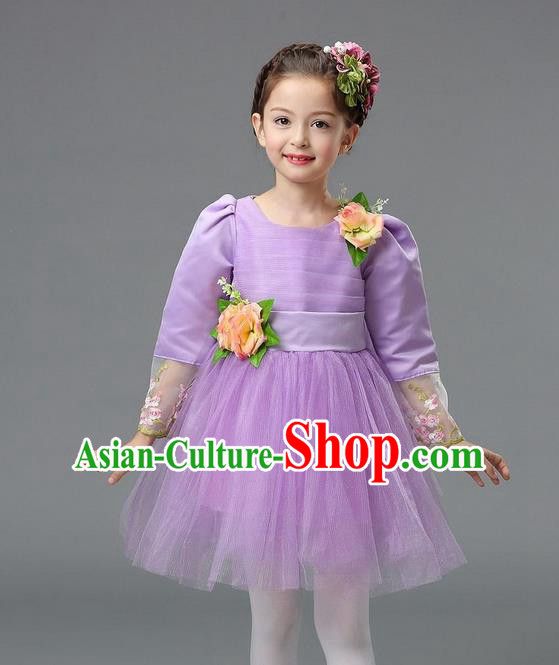 Top Grade Professional Performance Catwalks Costume, Children Chorus Compere Full Dress Modern Dance Little Princess Purple Veil Bubble Dress for Girls Kids