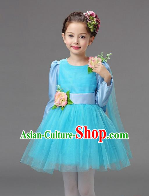 Top Grade Professional Performance Catwalks Costume, Children Chorus Compere Full Dress Modern Dance Little Princess Light Blue Veil Bubble Dress for Girls Kids