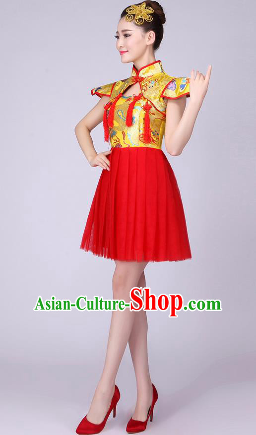 Top Grade Professional Performance Costume, China Drum Dance Chorus Fan Dance Dress Modern Dance Red Veil Bubble Dress for Women