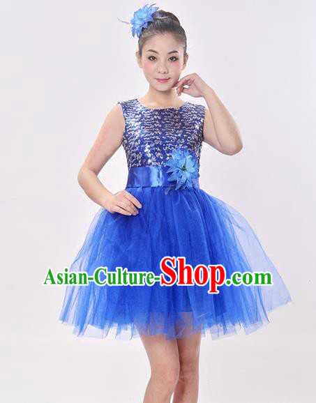Top Grade Professional Performance Catwalks Costume, China Chorus Compere Modern Dance Dress Paillette Royalblue Veil Bubble Dress for Women