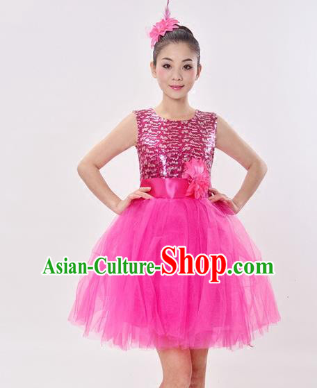 Top Grade Professional Performance Catwalks Costume, China Chorus Compere Modern Dance Dress Paillette Rose Veil Bubble Dress for Women