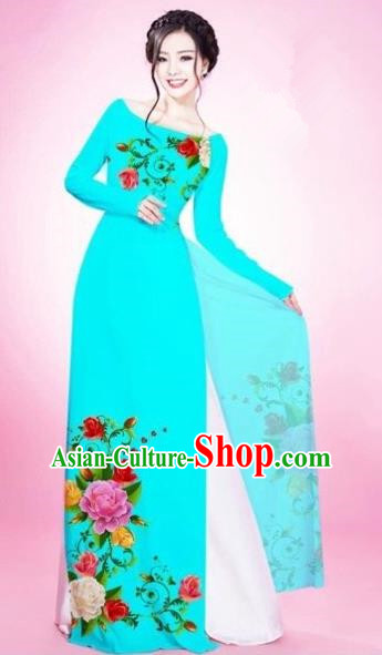 Traditional Top Grade Asian Vietnamese Costumes Classical Painting Flowers Blacklight Blue Cheongsam, Vietnam National Vietnamese Young Lady Bride Wedding Round Collar Ao Dai Dress