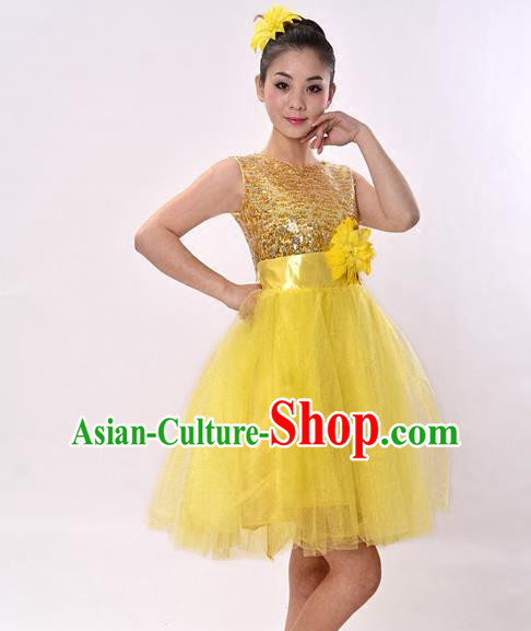 Top Grade Professional Performance Catwalks Costume, China Chorus Compere Modern Dance Dress Paillette Yellow Veil Bubble Dress for Women