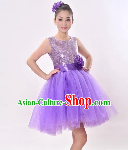 Top Grade Professional Performance Catwalks Costume, China Chorus Compere Modern Dance Dress Paillette Purple Veil Bubble Dress for Women