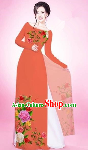 Traditional Top Grade Asian Vietnamese Costumes Classical Painting Flowers Orange Cheongsam, Vietnam National Vietnamese Young Lady Bride Wedding Round Collar Ao Dai Dress