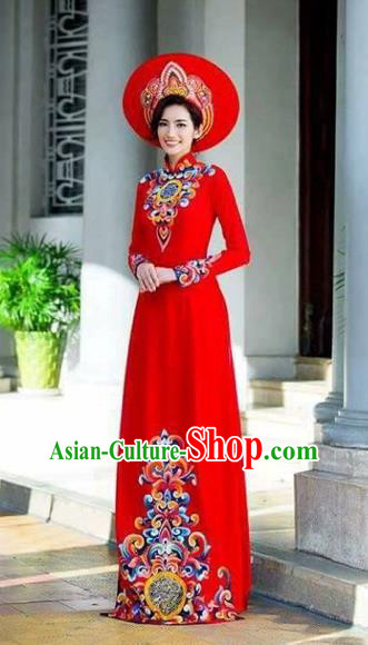 Traditional Top Grade Asian Vietnamese Costumes Classical Painting Wedding Cheongsam, Vietnam National Vietnamese Young Lady Bride Stand Collar Red Ao Dai Dress