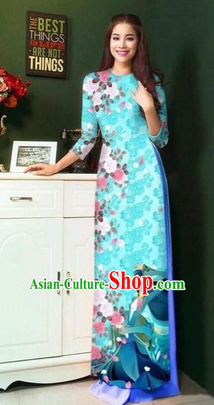 Traditional Top Grade Asian Vietnamese Costumes Classical Painting Wedding Cheongsam, Vietnam National Vietnamese Young Lady Bride Stand Collar Blue Ao Dai Dress