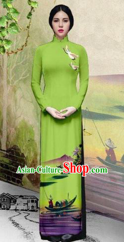 Traditional Top Grade Asian Vietnamese Costumes Classical Painting Wedding Cheongsam, Vietnam National Vietnamese Young Lady Bride Stand Collar Green Ao Dai Dress