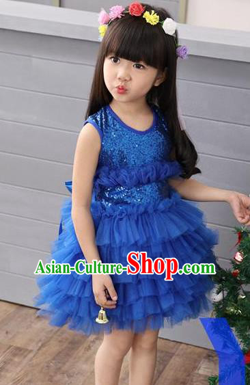 Top Grade Professional Performance Catwalks Costume, Children Chorus Full Dress Modern Dance Little Princess Blue Paillette Bubble Dress for Girls Kids