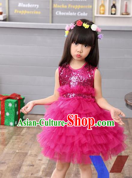 Top Grade Professional Performance Catwalks Costume, Children Chorus Full Dress Modern Dance Little Princess Rose Paillette Bubble Dress for Girls Kids