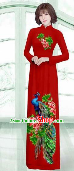 Traditional Top Grade Asian Vietnamese Costumes Classical Printing Peacock Cheongsam, Vietnam National Vietnamese Young Lady Purplish Red Ao Dai Dress