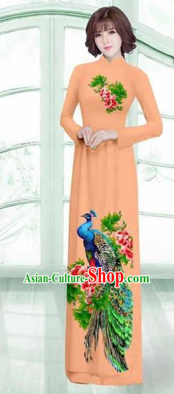 Traditional Top Grade Asian Vietnamese Costumes Classical Printing Peacock Cheongsam, Vietnam National Vietnamese Young Lady Orange Ao Dai Dress