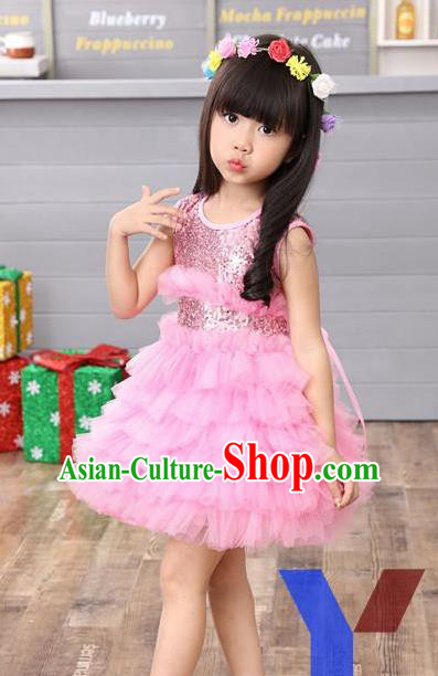 Top Grade Professional Performance Catwalks Costume, Children Chorus Full Dress Modern Dance Little Princess Pink Paillette Bubble Dress for Girls Kids