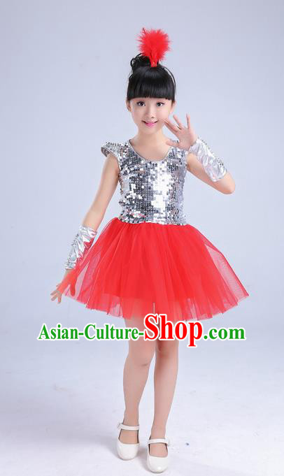 Top Grade Professional Performance Catwalks Costume, Children Chorus Compere Modern Dance Uniform Red Paillette Bubble Dress for Girls