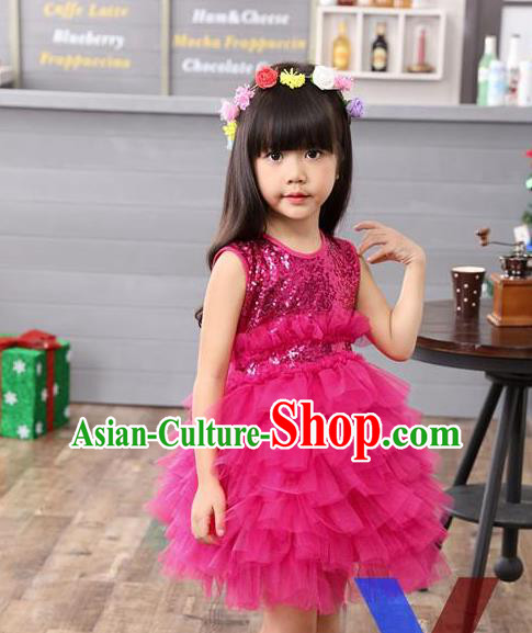 Top Grade Professional Compere Modern Dance Costume, Children Opening Dance Chorus Uniforms Paillette Rose Bubble Dress for Girls