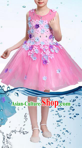 Top Grade Professional Compere Modern Dance Costume, Children Opening Dance Chorus Uniforms Flower Faerie Princess Pink Bubble Dress for Girls