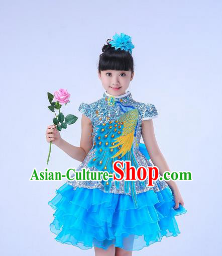 Top Grade Professional Compere Modern Dance Costume, Children Opening Dance Chorus Uniforms Peacock Blue Paillette Bubble Dress for Girls