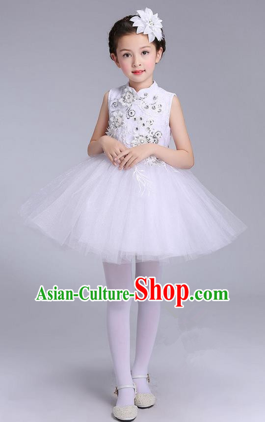 Top Grade Professional Compere Modern Dance Costume, Children Opening Dance Chorus Uniforms White Bubble Dress for Girls