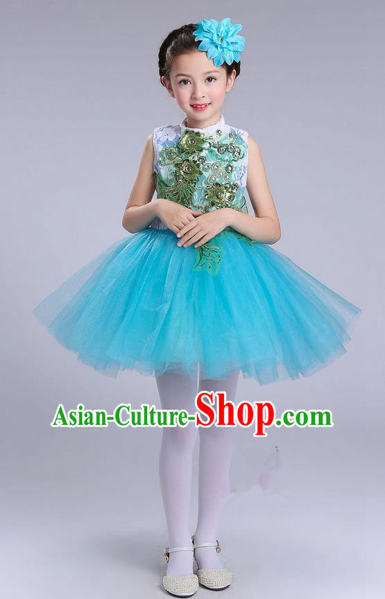 Top Grade Professional Compere Modern Dance Costume, Children Opening Dance Chorus Uniforms Blue Bubble Dress for Girls