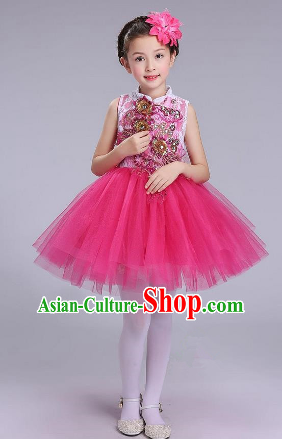 Top Grade Professional Compere Modern Dance Costume, Children Opening Dance Chorus Uniforms Rose Bubble Dress for Girls