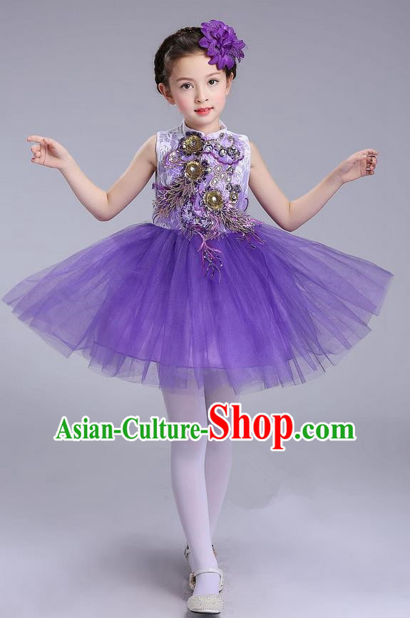 Top Grade Professional Compere Modern Dance Costume, Children Opening Dance Chorus Uniforms Purple Bubble Dress for Girls